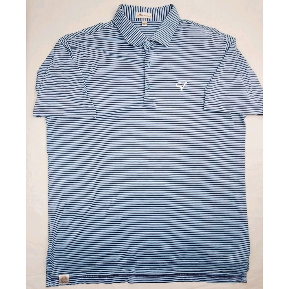Peter Millar 100% Cotton Golf Polo Shirt Men's L Dark & Light Blue, White Stripe